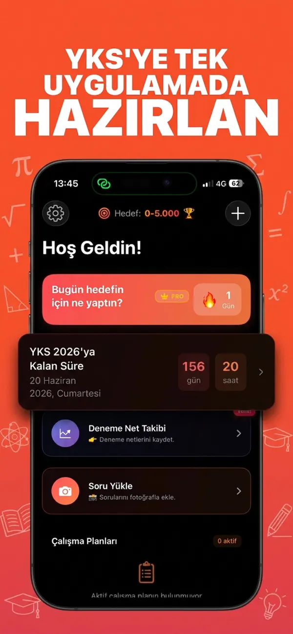 SoruGO YKS hazırlık uygulaması ana ekranı: geri sayım, çalışma planı ve net takibi